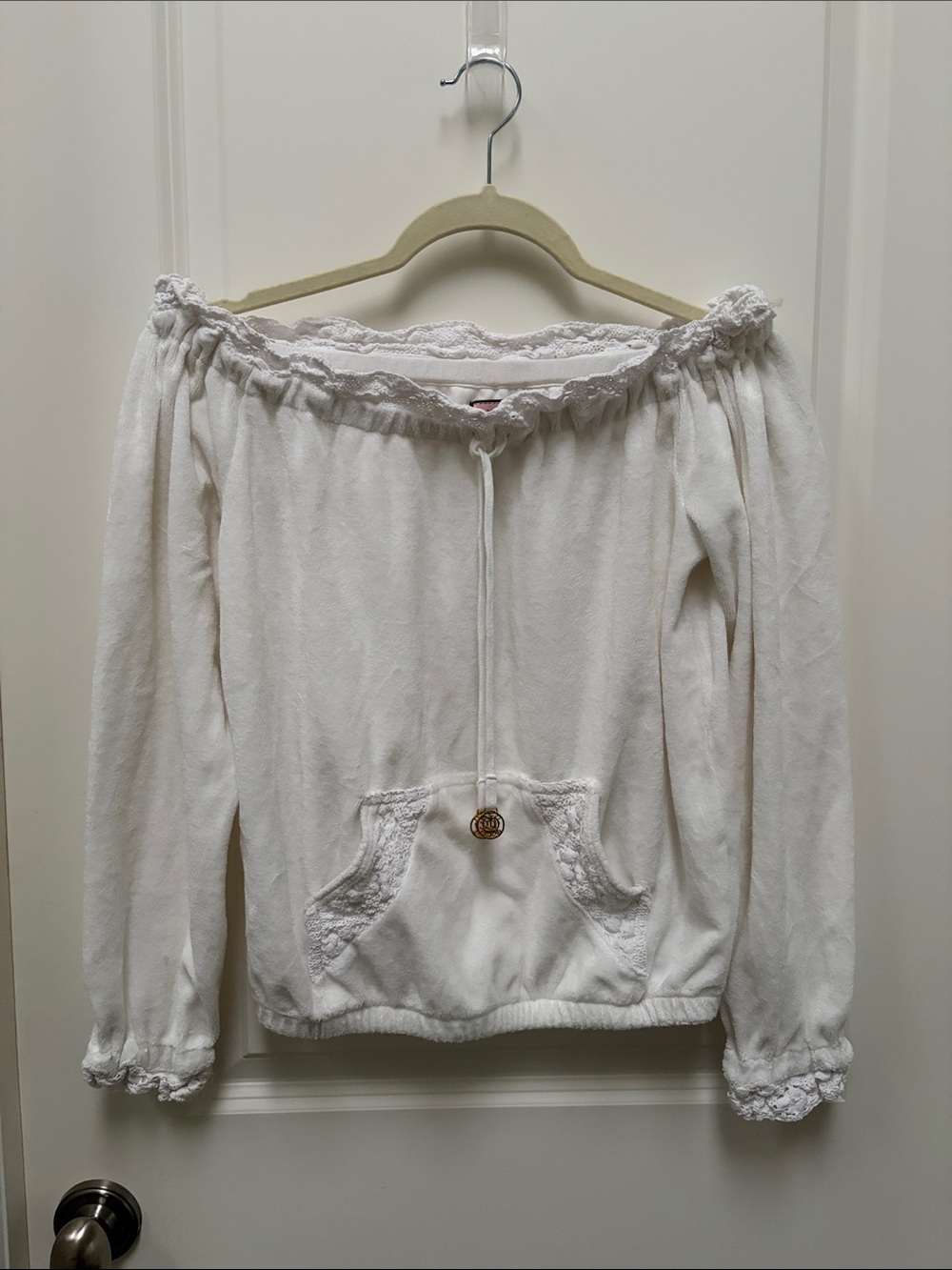 Juicy Couture Off-Shoulder White Terrycloth Sweater